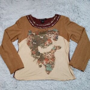Vintage Mechant Sweater Womens Brown Large Lightweight Stretch Floral